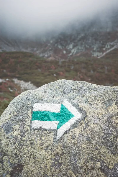 岩に描かれたトレイルマーキング矢印 カラートーンが適用され 選択的なフォーカス — ストック写真