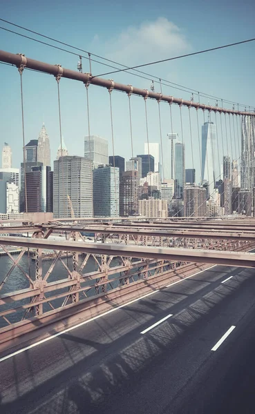 Retrotonad Bild New York Stadsbild Sett Genom Brooklyn Bridge Kablar — Stockfoto