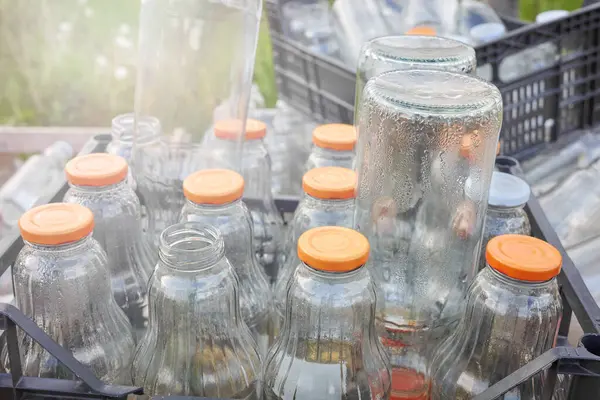 リサイクル 選択的フォーカスのための容器に格納された空のガラスボトルを使用 — ストック写真