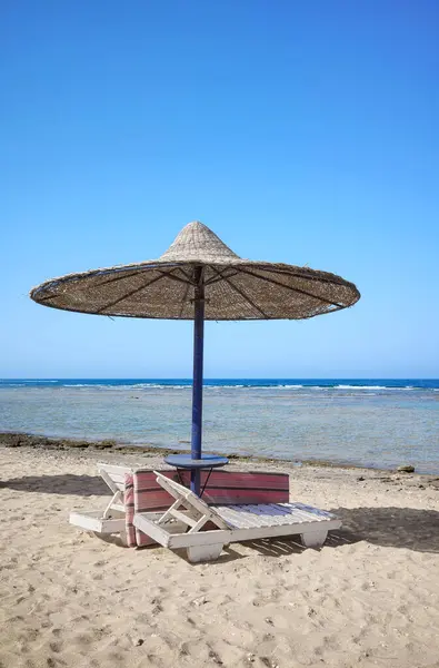 Hermosa Playa Arena Con Tumbonas Sombrilla Región Marsa Alam Egipto Imágenes De Stock Sin Royalties Gratis