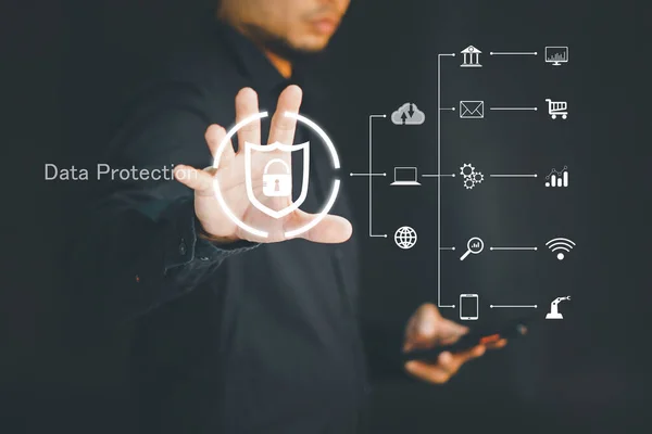Cybersecurity and privacy concepts to protect data. Lock icon and internet network security technology. Internet and technology concept on virtual screen. Man touching on lock icon.