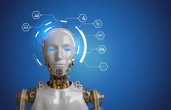 White woman robot on blurred background using digital network connection 3D rendering