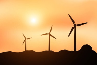 Rüzgar türbininin siluetleri akşam saatlerinde tarlalarda elektrik üretmek için kullanılır. Geleceğin temiz enerji kavramı enerjisi çevreyi korur
