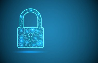 Gelecekçi çokgen mavi çizgilerden siber güvenlik kavramının kapalı sembolü. Bilgisayar ağı internet siber güvenlik arka planı.