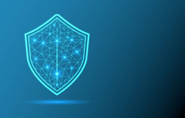 Siber güvenlik kavramı. Güvenlik kalkanı çokgenlerden oluşur. İş konsepti olan veri koruması.