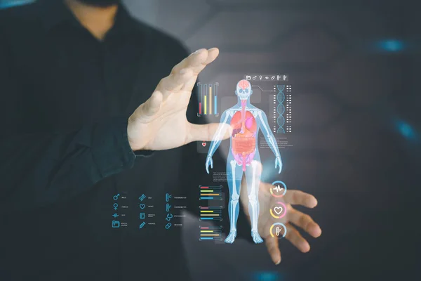 digital health care concept. Medicine doctor touching electronic medical record on virtual screen, Brain Analysis, DNA. Digital healthcare and network connection on modern interface