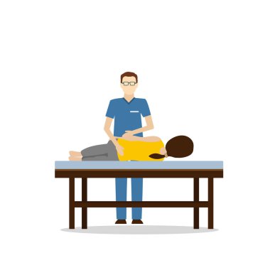Erkek doktor kayropraktik uzmanı osteopat ziyaret sırasında ellerini hareket ettirerek yalancı kadınları iyileştiriyor.