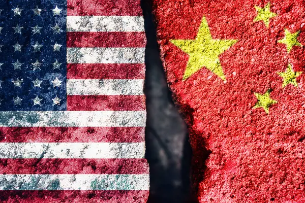 CHINA vs US background concept, Flags of USA or United States of America and China on old cracked concrete background