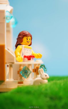 Bangkok, Tayland - 3 Ekim 2022 Lego Gelin ve Beyaz Tavşan 'ın stüdyo çekimi. 