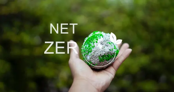ESG icon with text net zero circulating in hand, Society and Governance concept