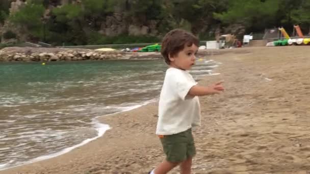 イビサ島サンミケル港のビーチに石を投げ少年 バレアレス諸島 — ストック動画