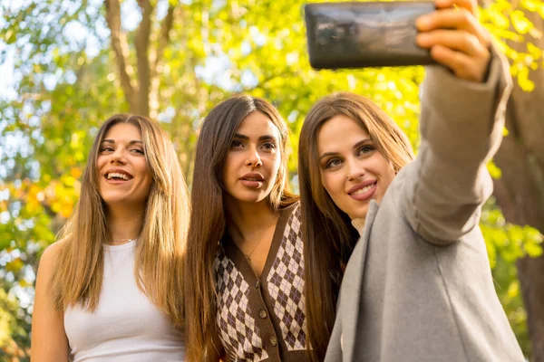 Selfie Amigas Sonriendo Parque Otoño Estilo Vida Otoñal Despreocupado Moda —  Fotos de Stock