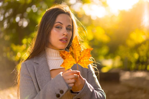 Güzel bir kadın günbatımında bir parkta sonbaharın tadını çıkarıyor, ağaçtan bir yaprakla.
