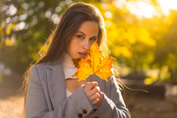 夕暮れ時に公園で秋を楽しむ美しい女性の肖像画 木の葉 — ストック写真