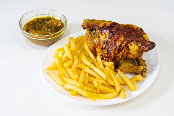 Kebab restaurant chef, traditional turkish and arabic food, whole chicken with salad on a white background