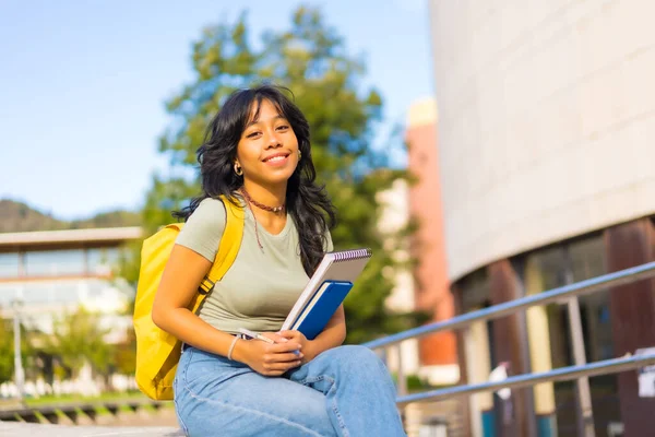 stock image Asian girl on campus, student enjoying classes, smiling at university