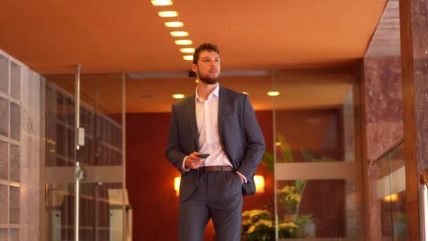 Businessman Finance Man Teleworking Phone Going Stairs Hotel — Video Stock