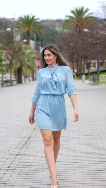 Blonde Woman Blue Dress Walking River City Lifestyle Concept — Stockvideo