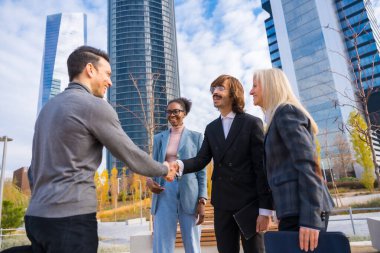 Group of multi ethnic fellow businessmen or executives, introducing each other greeting shaking hands