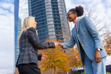 Middle-aged multi-ethnic businesswomen and executives, greeting by shaking hands in a business park