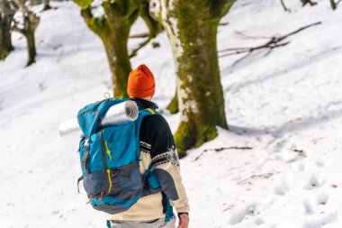 Hiker with backpack on his back walking on a trekking on the snow, winter adventures, nature activity
