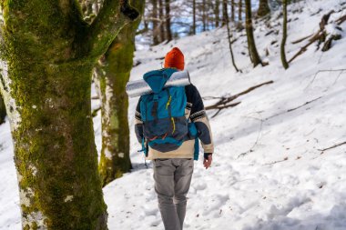 Hiker with backpack walking on a trekking on the snow, winter adventures, nature activity