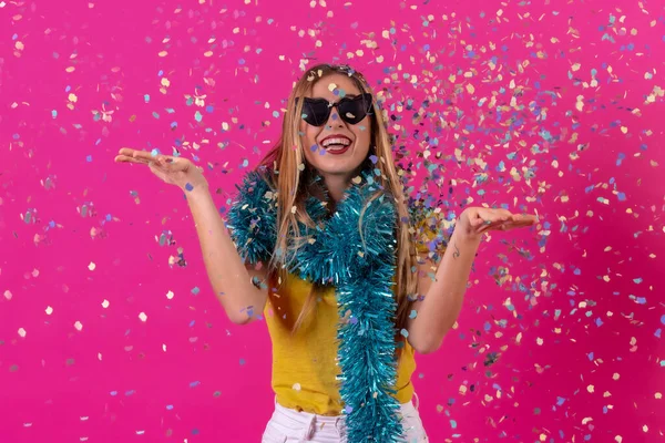 Caucasian Girl Partying Disco Laughing Throwing Confetti Isolated Pink Background — Φωτογραφία Αρχείου