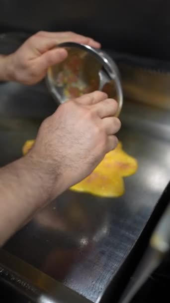 Cook Frying Ham Tortilla Cheese Kitchen Bar Restaurant — Vídeo de Stock