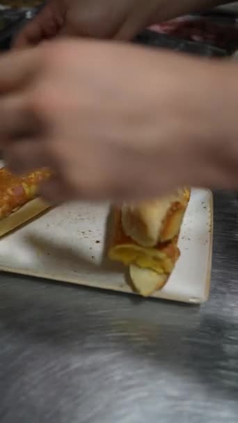 Cook Preparing Sandwich Pintxos Ham Omelette Cheese Griddle Kitchen Bar — Stockvideo