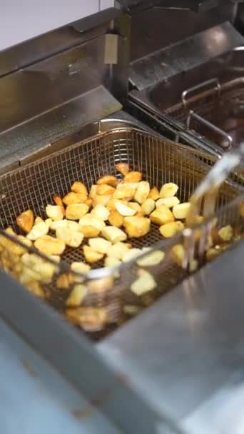 Cook Putting Tray Having Fried Patatas Bravas Deep Fryer Kitchen — Vídeo de Stock