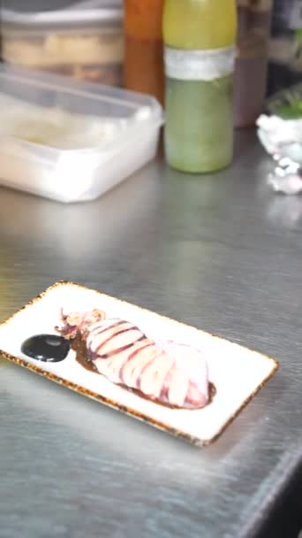 Cook Putting Black Sauce Squid Chipiron Kitchen Bar Restaurant — Wideo stockowe