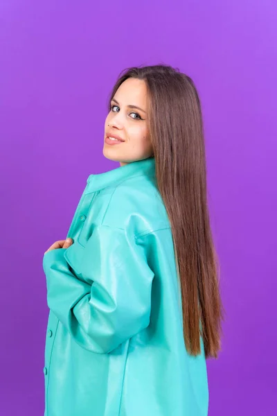 Close Portrait Young Caucasian Woman Blue Trench Coat Isolated Purple — стоковое фото