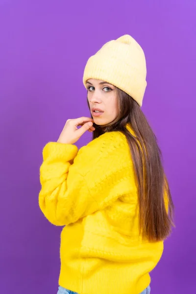 Close Portrait Young Caucasian Woman Wool Sweater Isolated Yellow Studio — стоковое фото