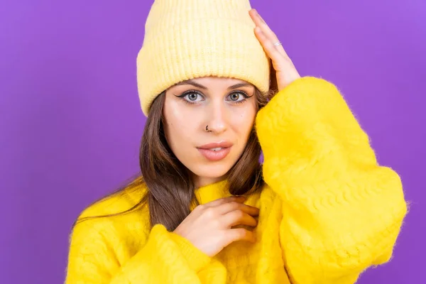Close Portrait Young Caucasian Woman Yellow Wool Sweater Isolated Yellow — стоковое фото