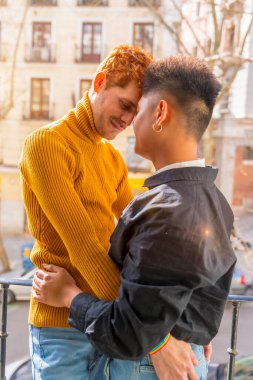 Güzel eşcinsel çift evde kanepede, balkonda, lgbt konseptinde romantik oluyor.