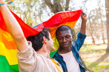 Çok ırklı eşcinsel erkek çift ellerinde gökkuşağı lgbt sembolü bayrağı, gülümsüyorlar.