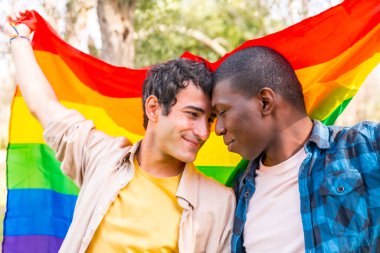 Gökkuşağı lgbt bayrağı taşıyan çok ırklı eşcinsel erkek çift, romantik poz