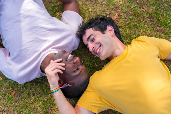 Paar Multiethnischer Männer Einem Park Lgbt Konzept Auf Dem Gras — Stockfoto