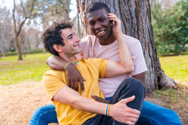 Paar Multiethnischer Männer Einem Park Lgbt Konzept Sitzt Einem Baum — Stockfoto