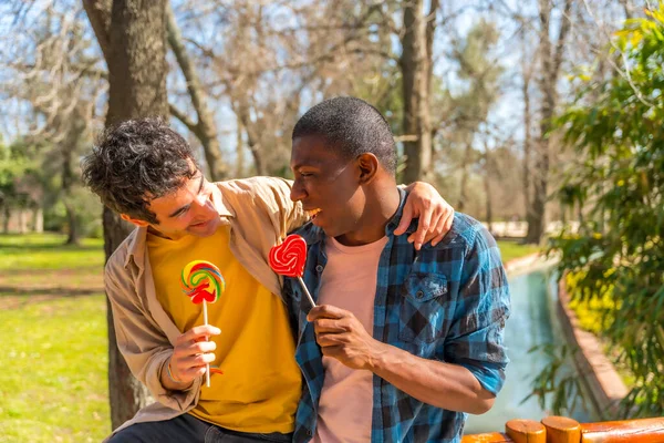 一对多种族的男人在公园里吃着棒棒糖 吃着棒棒糖 开心地笑着 — 图库照片