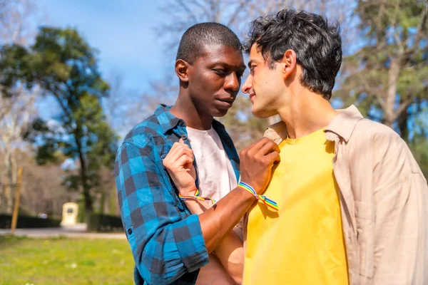 Multiethnische Homosexuelle Männliche Paar Auf Einem Romantischen Spaziergang Park Lgbt — Stockfoto