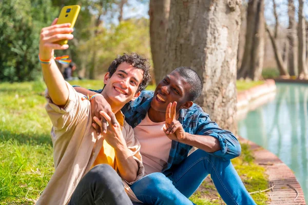 Selfie Una Pareja Gay Multiétnica Hablando Tranquilamente Parque Concepto Lgbt —  Fotos de Stock