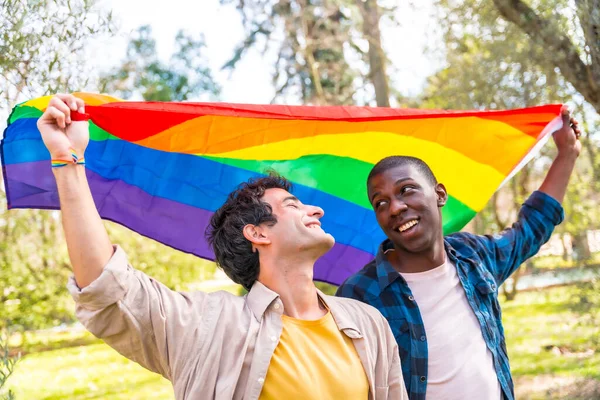 Çok ırklı eşcinsel erkek çift ellerinde gökkuşağı lgbt sembolü bayrağı, gülümsüyorlar.