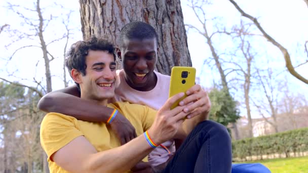 Cuplu Bărbați Multietnici Într Parc Concept Lgbt Stând Lângă Copac — Videoclip de stoc