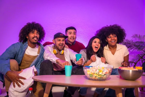 Adult Party Young People Sitting Sofa Watching Football Game Popcorn — Stock Photo, Image