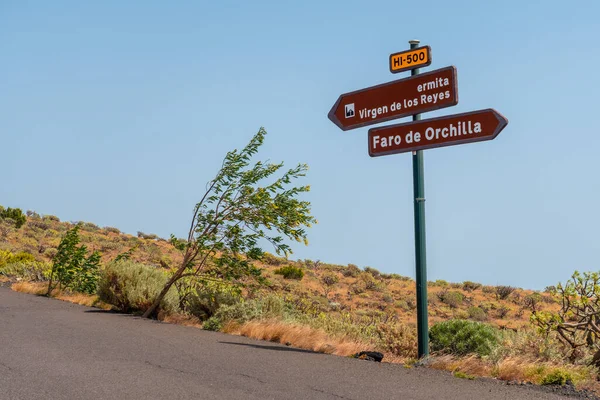 Road signs to go to the Orchilla Lighthouse on the southwest coast of El Hierro. Canary Islands