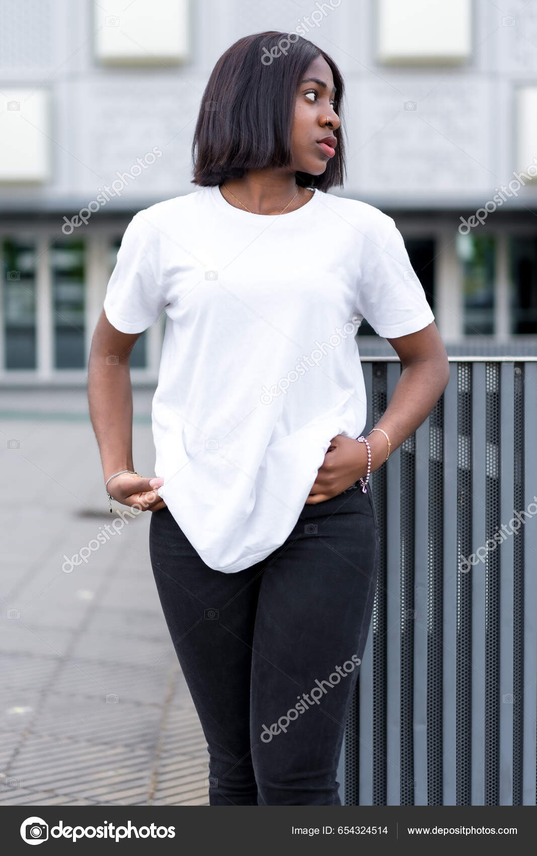City Vibes Casual Fashion Young Black Woman Poses White Shirt