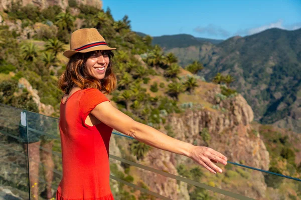 Woman Smiling View Degollada Peraza Viewpoint Gomera Canary Islands — Stock Photo, Image