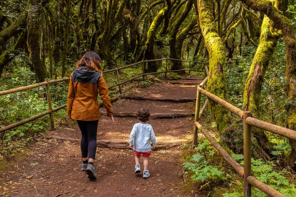 Μητέρα Και Γιος Περπατώντας Στο Φυσικό Πάρκο Του Garajonay Στη — Φωτογραφία Αρχείου
