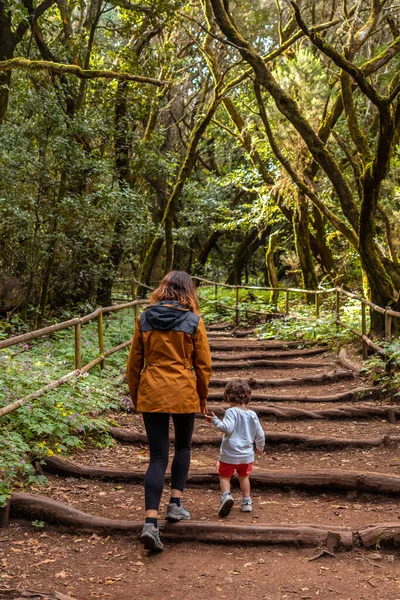 Äiti Poika Kävelemässä Polkua Pitkin Garajonayn Luonnonpuistossa Gomeralla Kanariansaarilla — kuvapankkivalokuva